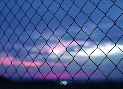 sunset, fences, bokeh, chain link fence - random desktop wallpaper