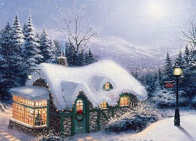 winter, houses, fantasy art - desktop wallpaper