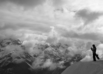 mountains, landscapes, snow, monochrome, snowboarding, greyscale - related desktop wallpaper