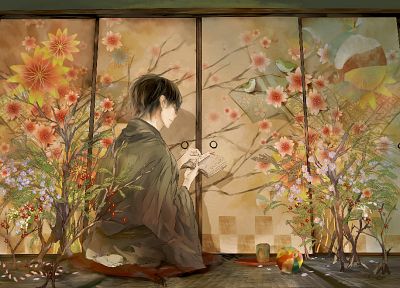 flowers, plants, books, anime, anime boys - duplicate desktop wallpaper