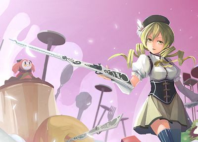 blondes, rifles, guns, gloves, stockings, fruits, food, skirts, long hair, ribbons, corset, kiwi, thigh highs, yellow eyes, Mahou Shoujo Madoka Magica, Tomoe Mami, curly hair, open mouth, anime, forks, golden eyes, soft shading, hats, anime girls, spread  - related desktop wallpaper