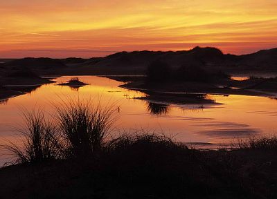 sunset, landscapes, islands, Holland, sand dunes, reflections - random desktop wallpaper