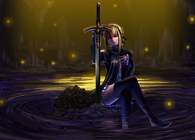 blondes, water, Fate/Stay Night, sparkles, weapons, thigh highs, yellow eyes, sitting, black dress, Saber, braids, hair bun, swords, Saber Alter, Fate series - related desktop wallpaper