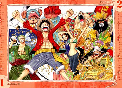 One Piece (anime), calendar, manga, Strawhat pirates, Monkey D Luffy - duplicate desktop wallpaper