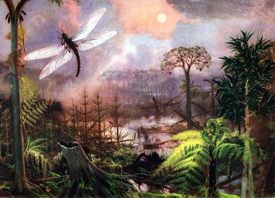 paintings, forests, insects, ferns, prehistoric, Zdenek Burian - related desktop wallpaper
