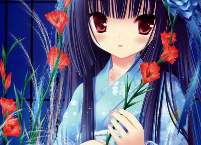 flowers, kimono, blue hair, red eyes, lolicon, anime, pink eyes, lolita fashion, Tinkle Illustrations, roses, anime girls, Oda Nobuna no Yabou - random desktop wallpaper
