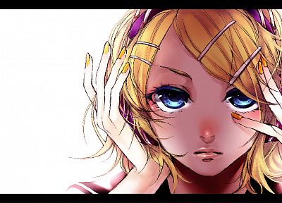 blondes, close-up, Vocaloid, blue eyes, Kagamine Rin, simple background, faces, Migikata no Chou - related desktop wallpaper