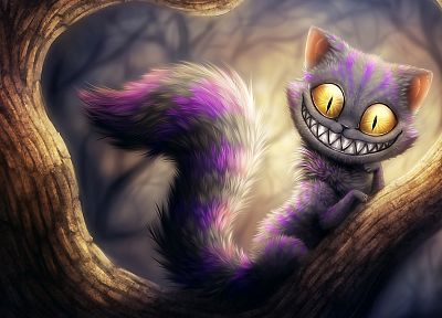 cats, Alice in Wonderland, yellow eyes, digital art, Cheshire Cat - duplicate desktop wallpaper