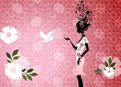 women, flowers, birds, leaves, patterns, sillhouette - random desktop wallpaper