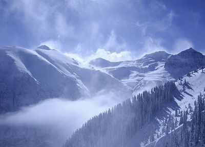 mountains, clouds, nature, winter, snow, trees - related desktop wallpaper