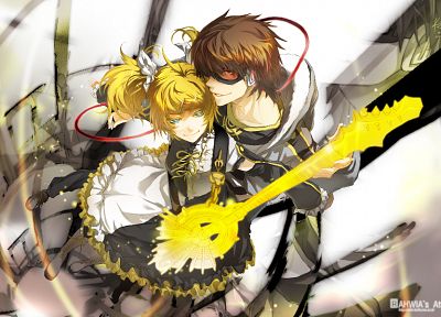 headphones, brunettes, boots, blondes, Vocaloid, dress, blue eyes, bass guitars, ribbons, Kagamine Rin, red eyes, short hair, guitars, twintails, smiling, anime - related desktop wallpaper