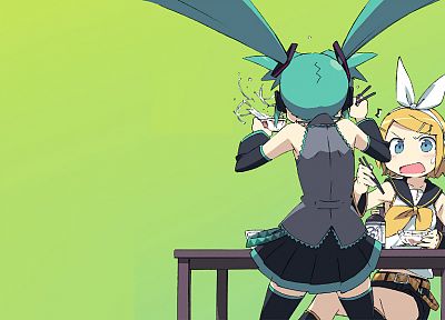 Vocaloid, Hatsune Miku, Kagamine Rin, twintails, simple background, detached sleeves - related desktop wallpaper