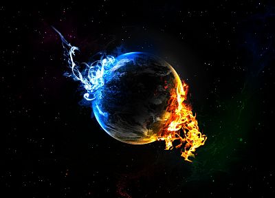 water, outer space, planets, fire, Earth, elements, black background - desktop wallpaper