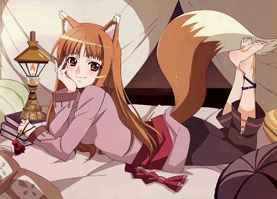 tails, Spice and Wolf, barefoot, animal ears, red eyes, Holo The Wise Wolf, inumimi - related desktop wallpaper