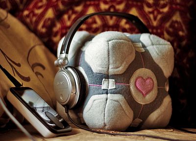 headphones, Portal, Companion Cube - random desktop wallpaper