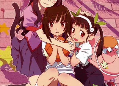 school uniforms, Bakemonogatari, Sengoku Nadeko, Hanekawa Tsubasa, Hachikuji Mayoi, anime, Monogatari series - random desktop wallpaper