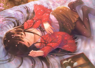 brunettes, long hair, pantyhose, sleeping, closed eyes, flower petals, anime girls, original characters - related desktop wallpaper