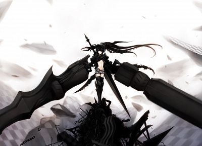 boots, ruins, Black Rock Shooter, long hair, belts, weapons, thigh highs, twintails, checkered, navel, shorts, chains, purple eyes, soft shading, anime girls, Insane Black Rock Shooter, swords, hair ornaments, bangs, dual wield, black hair - related desktop wallpaper