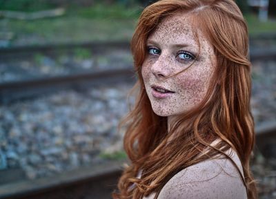 women, blue eyes, redheads, freckles, depth of field, blurred background - desktop wallpaper