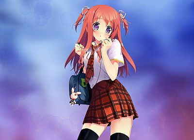 school uniforms, skirts, thigh highs, simple background, Kantoku (artist), original characters, Kurumi (Kantoku) - random desktop wallpaper