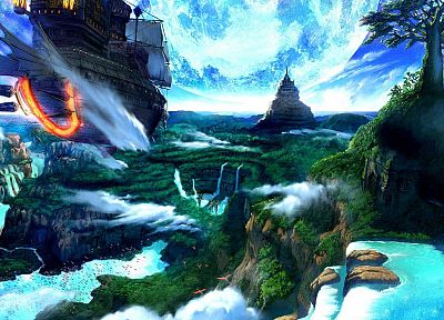 landscapes, ships, fantasy art, artwork, vehicles, waterfalls - desktop wallpaper
