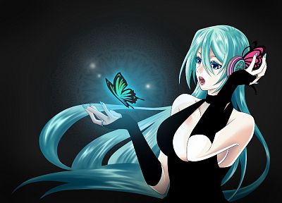 Vocaloid, Hatsune Miku, blue hair, black background, butterflies - desktop wallpaper