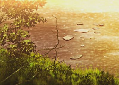 water, sunset, nature, trees, ponds, illustrations, sunlight, anime, Nichijou - related desktop wallpaper