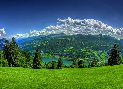 mountains, clouds, landscapes, trees, grass, towns, Lake Lucerne - random desktop wallpaper