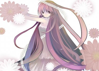 Vocaloid, dress, flowers, Megurine Luka, long hair, pink hair, pink eyes, white dress, anime girls, bare shoulders - desktop wallpaper