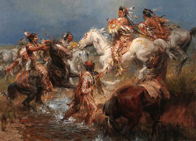 paintings, Indians, A clash between the Crow and the Sioux, Andy Thomas - duplicate desktop wallpaper