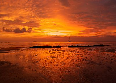 sunset, ocean, nature, orange, ships - random desktop wallpaper