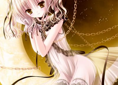 blondes, dress, Moon, ribbons, lolicon, anime, chains, Tinkle Illustrations, anime girls - random desktop wallpaper