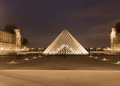 Paris, lights, France, buildings, Europe, pyramids, Louvre museum - random desktop wallpaper