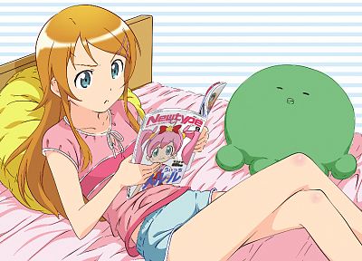 blondes, blue eyes, beds, pillows, Kousaka Kirino, anime, Ore No Imouto Ga Konna Ni Kawaii Wake Ga Nai, anime girls - related desktop wallpaper