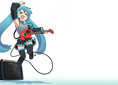 Vocaloid, Hatsune Miku, tie, skirts, long hair, thigh highs, instruments, twintails, simple background, detached sleeves - related desktop wallpaper