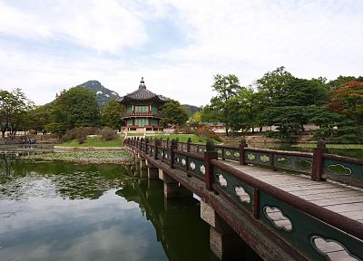 landscapes, trees, architecture, bridges, Korea, lakes, reflections - desktop wallpaper
