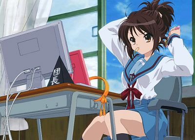 school uniforms, The Melancholy of Haruhi Suzumiya, sailor uniforms, Suzumiya Haruhi, knee socks - random desktop wallpaper
