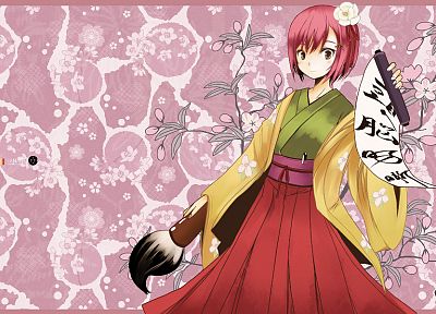 video games, Touhou, patterns, pink hair, Hieda no Akyuu, Japanese clothes, anime girls, fans - related desktop wallpaper