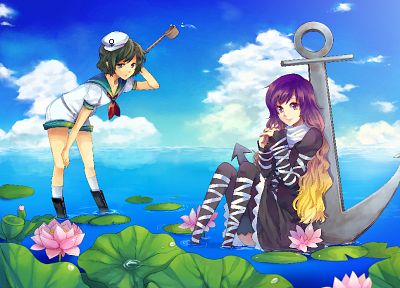 water, Touhou, sailors, anchors, Hijiri Byakuren, Murasa Minamitsu, bicolored hair - desktop wallpaper