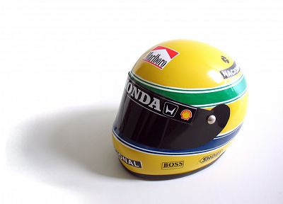 Ayrton Senna, helmets, simple background - desktop wallpaper