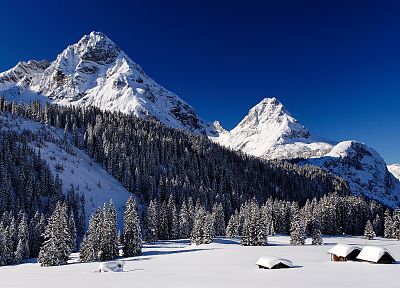 mountains, snow, cabin - related desktop wallpaper
