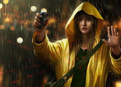 women, rain, grenades, Marek Okon - random desktop wallpaper