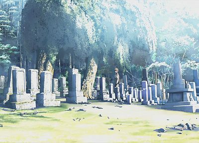 trees, Makoto Shinkai, scenic, The Place Promised in Our Early Days, cemetery - random desktop wallpaper
