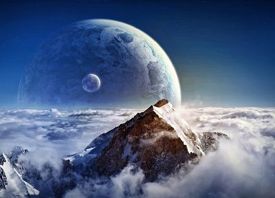 mountains, landscapes, planets, mist, digital art, photo manipulation - random desktop wallpaper