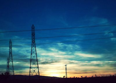 sunset, power lines, countryside, pylon - random desktop wallpaper