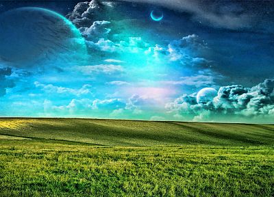 clouds, planets, grass - duplicate desktop wallpaper