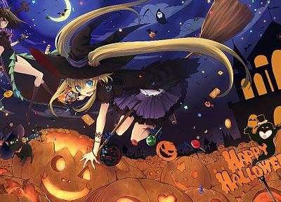 brunettes, blondes, Halloween, magic, brooms, Jack O Lantern, candies, pumpkins, witches - random desktop wallpaper