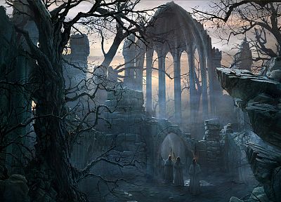 ruins, forests, architecture, Gothic, robes, artwork, Raphael Lacoste - related desktop wallpaper