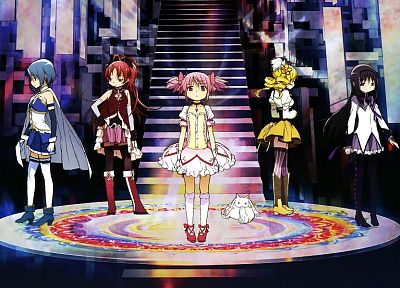 groups, Mahou Shoujo Madoka Magica, Miki Sayaka, Sakura Kyouko, Tomoe Mami, Kaname Madoka, anime, Akemi Homura, anime girls, Kyubey - desktop wallpaper