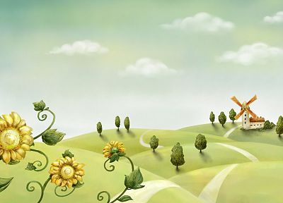 flowers, hills, windmills - desktop wallpaper